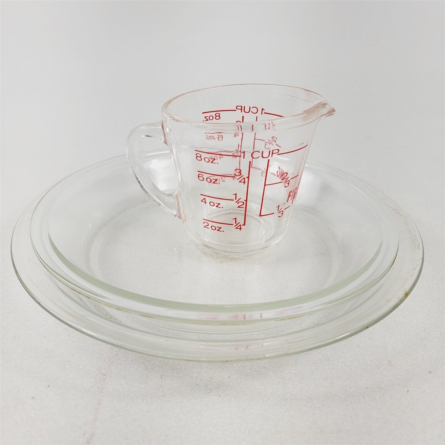 3 Piece Fire King 1 Cup Measuring Cup #496 & 2 Pyrex Pie Plates 8" #208, 9" #209