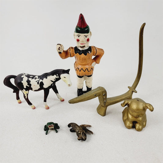 6 Pc Vintage Lot of Cast Iron Metal Figurines Animals Frog Dog Horse Clown Fish