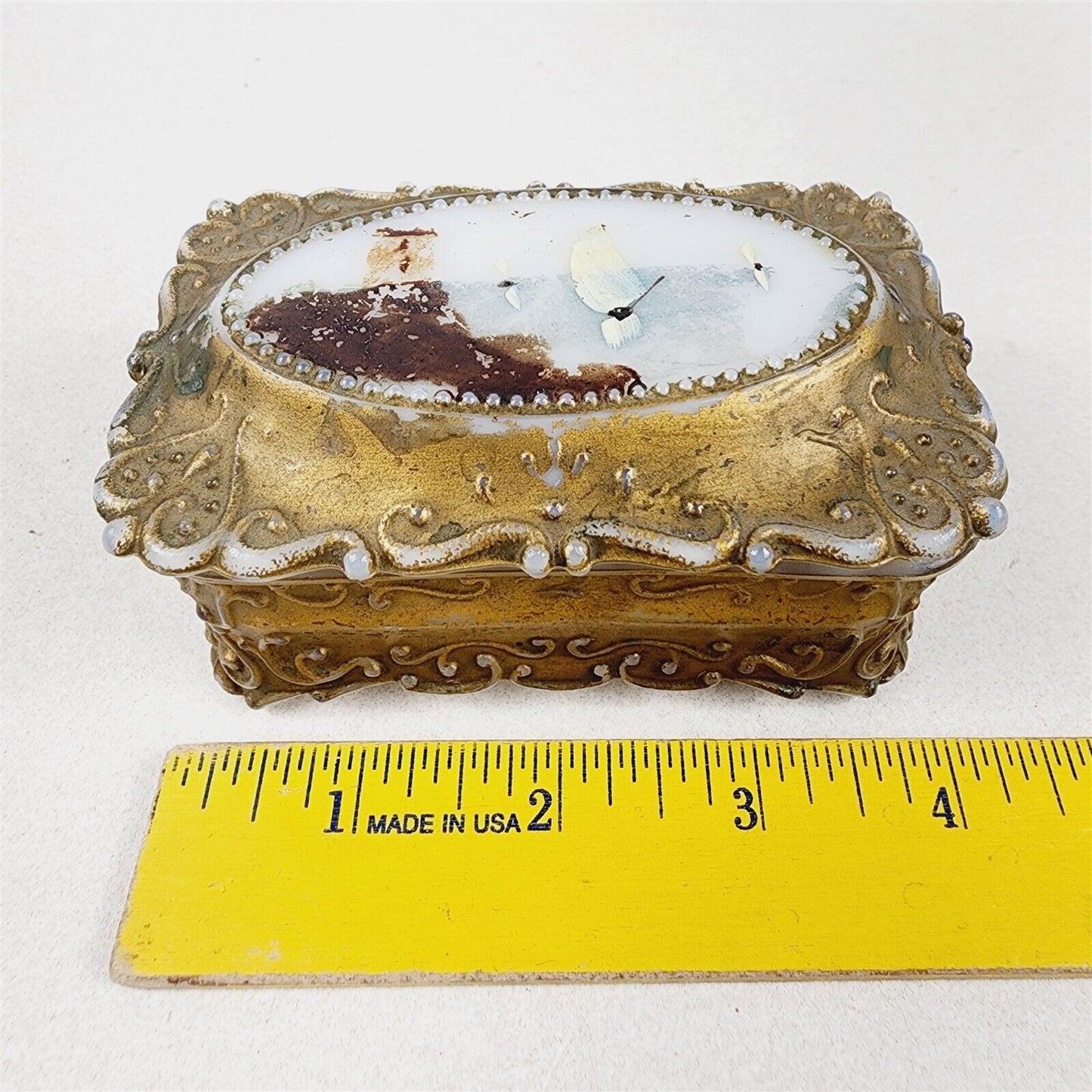 Vintage Milk Glass Trinket Box Painted Gold - Lid Painted with Ships Harbor