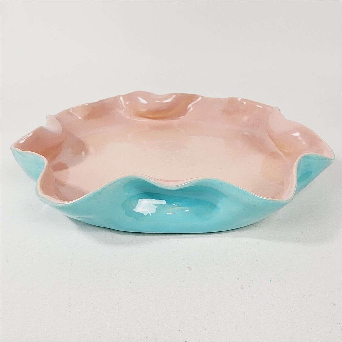 Vintage MCM La Bonita Pottery Pink Blue Turquoise Dish Tray w/ Handles