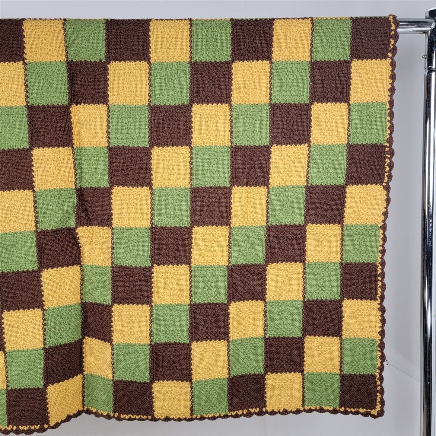 Vintage Crochet Knit Woven Lap Blanket Throw 70x56 Brown Yellow Green Retro