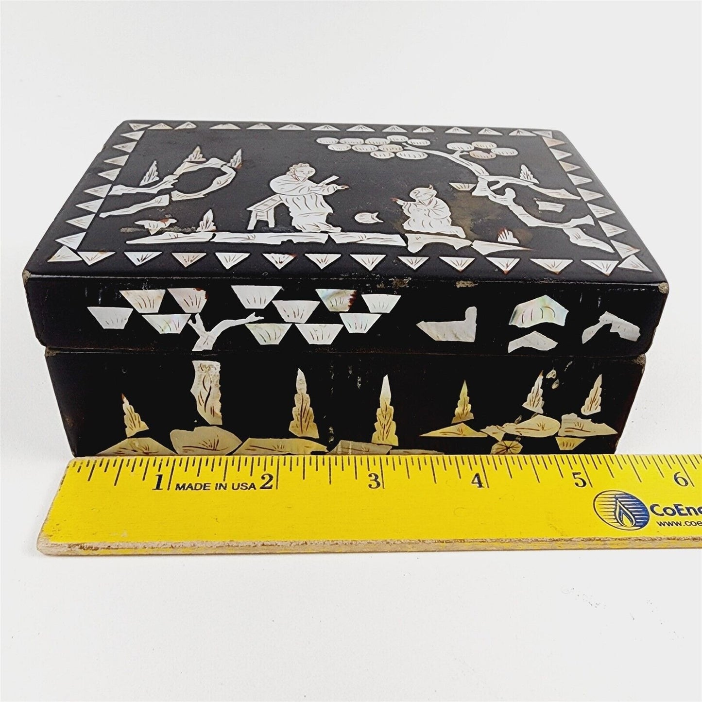 Vintage Lacquer Mother of Pearl Inlay Black Box Keepsake Trinket