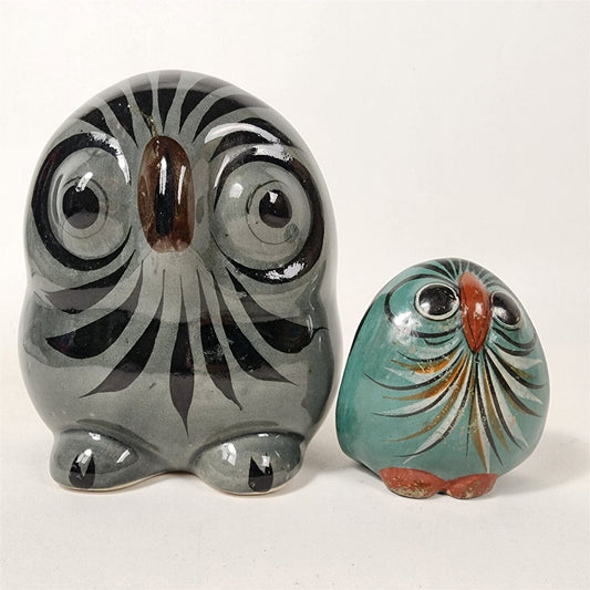 2 Vintage Tonala Owls Mexican Pottery Signed Hand Painted Folk Art