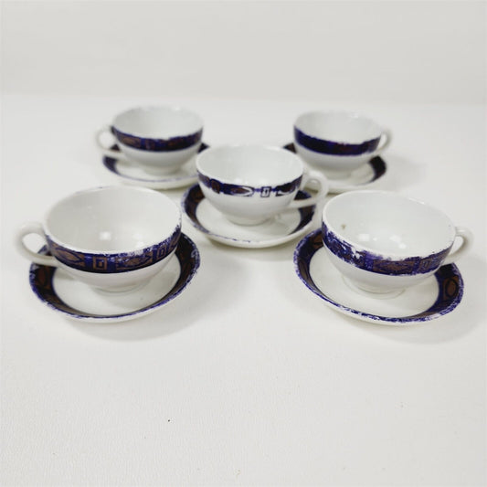 Vintage 10 Piece Ceramic Childs Tea Set Cups Plates Blue Gold & White