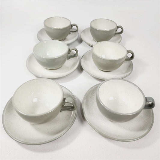Set of Vintage Harkerware Stoneware Speckled White Gray 6 Cups & 6 Saucers
