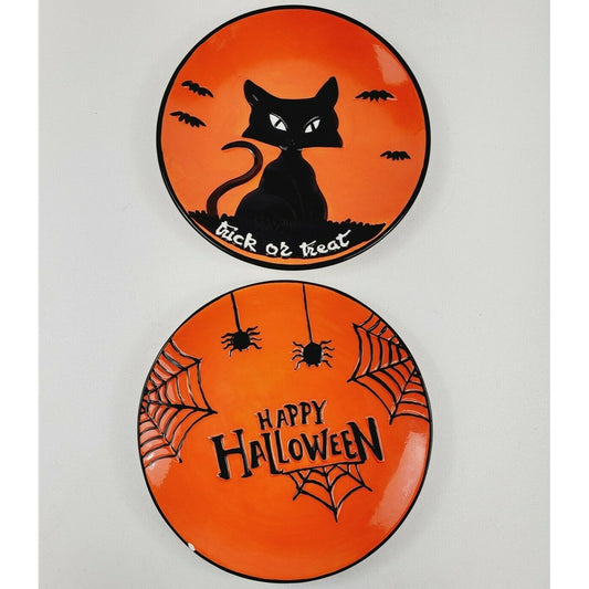 2 Hand Painted Happy Halloween Plates Orange Black Spider Web Black Cat 8"