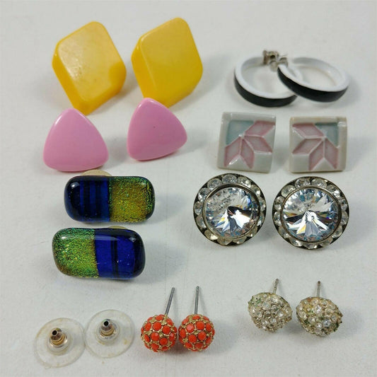 8 Pair Vintage Silver Tone Stud Earrings Costume Jewelry Yellow Pink Rhinestone