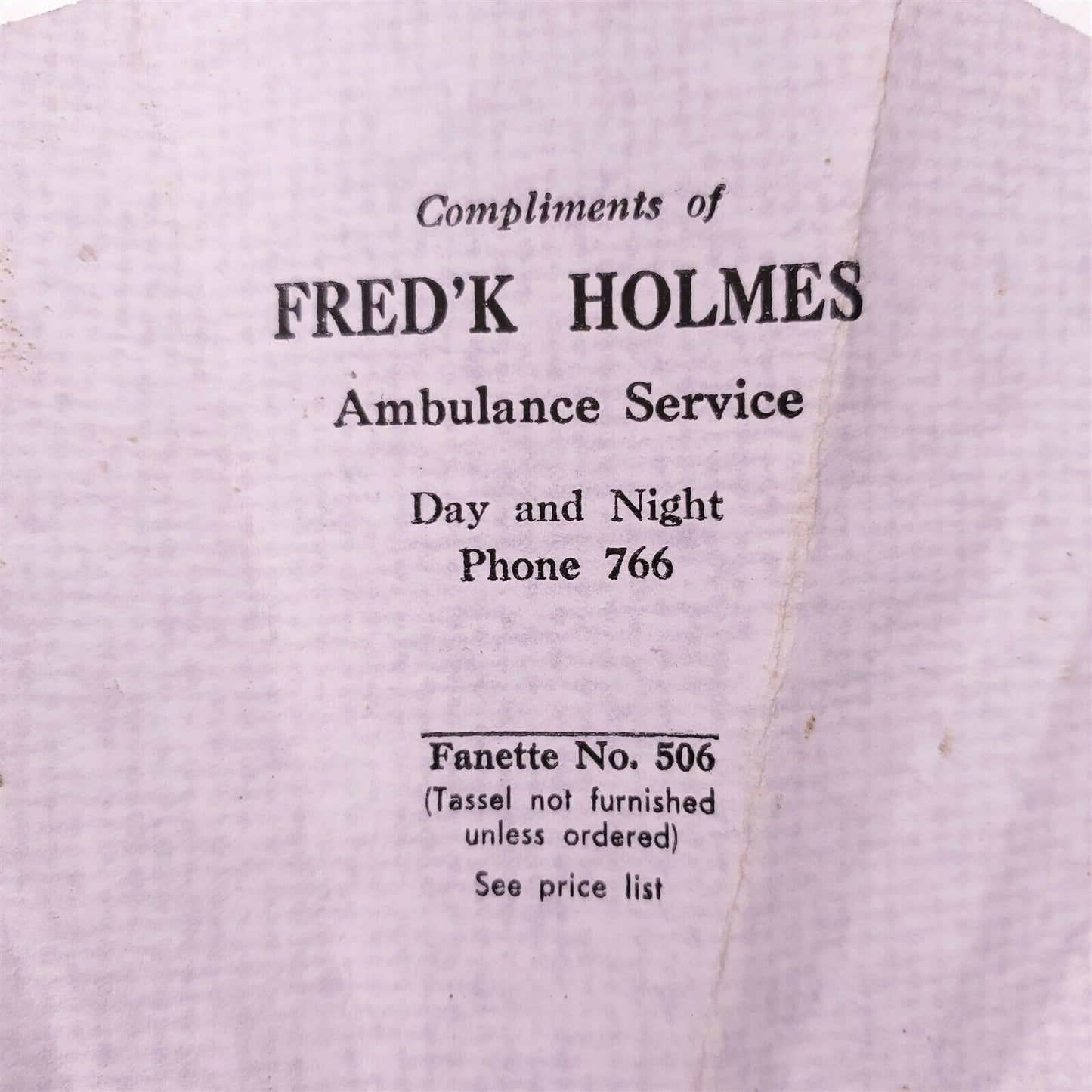 Advertising Fan Fred'K Holmes Ambulance Service Fanette No 506