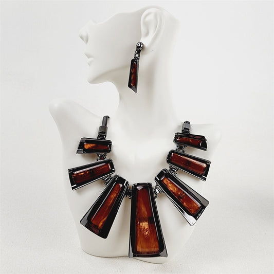 Beautiful Brown Geometric Necklace Earrings Fashion Jewelry Set