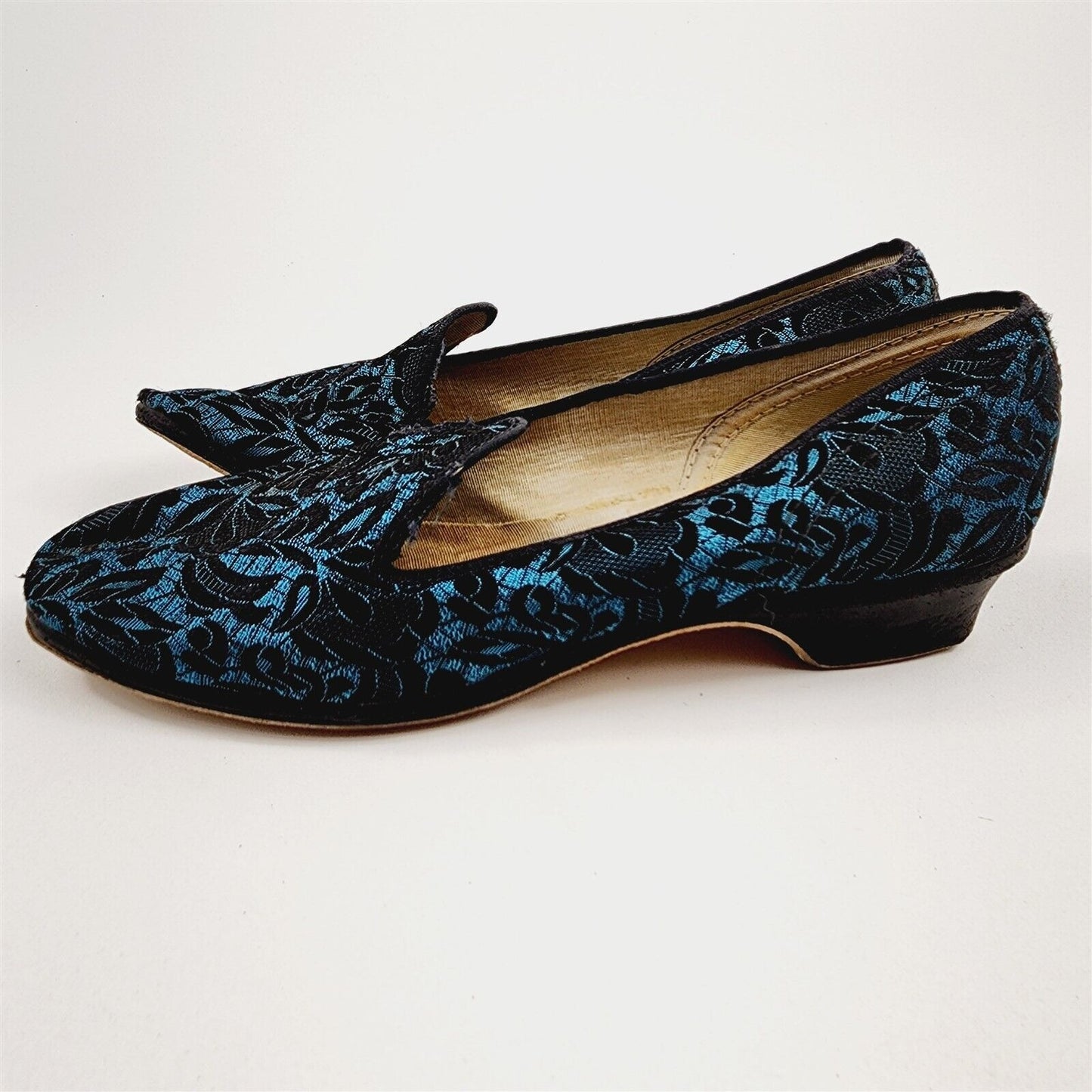 Vintage Black & Blue Wellco Brocade Embroidered Shoes Slippers Size 6