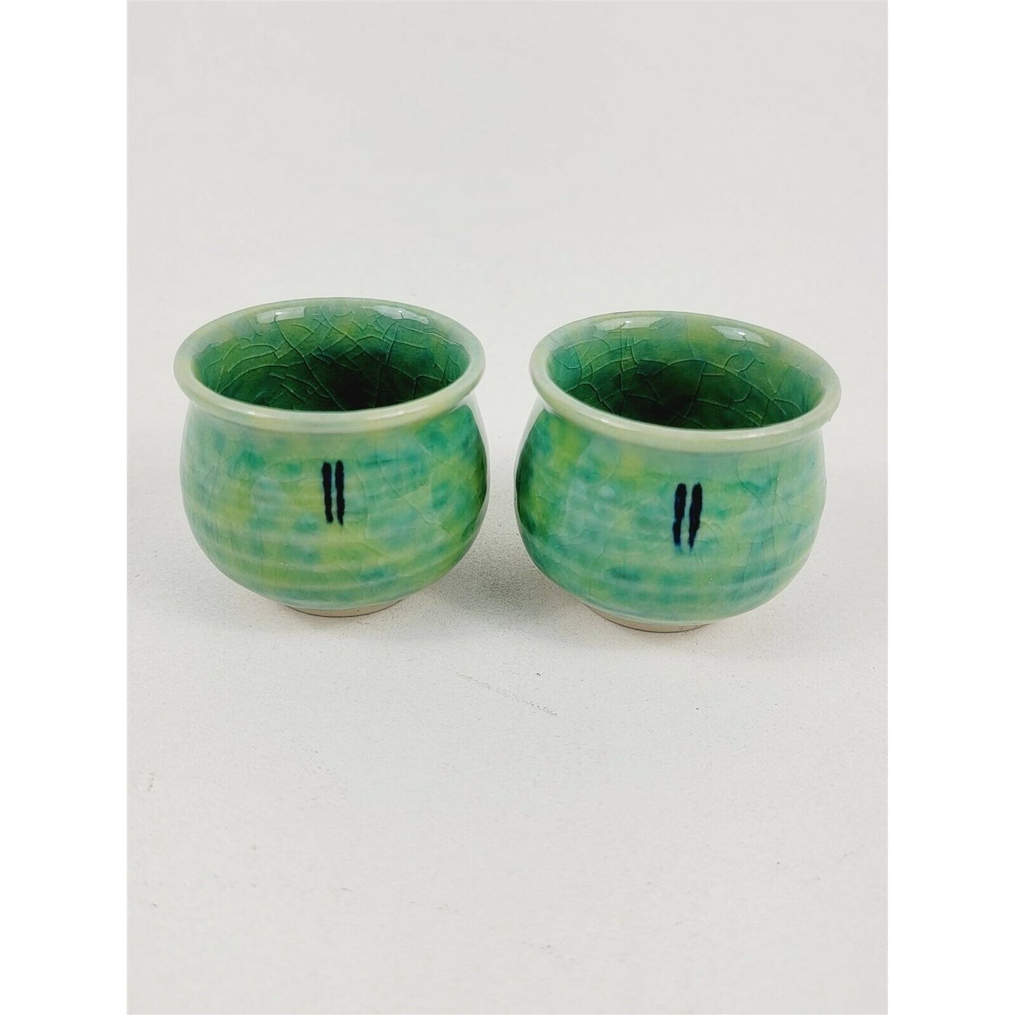 Set Vase & 2 Miniature Cups Handmade Ceramic Blue Green Dip Glazed