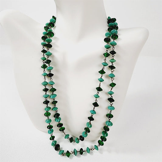 Vintage Blue & Green Glass Beaded Chain Flapper Necklace - 35"