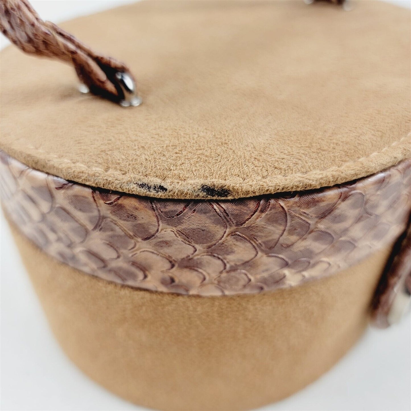 Vintage Box Purse Makeup Bag Faux Suede & Faux Snake Skin w/ Snap Clasp