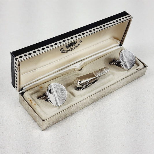 Swank Silver Tone Tie Bar & Cufflinks Set in Box Mens Vintage Accessories