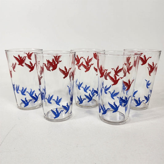 5 Vintage Libbey Red & Blue Flying Geese Drinking Glasses Tumblers - 4 1/2" tall
