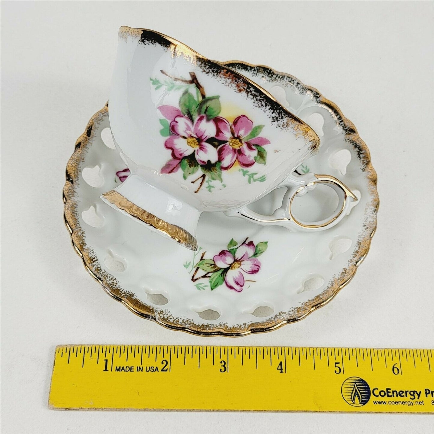 Ucagco Japan Porcelain Tea Cup & Saucer Pierced Border Gold Trim Pink Floral