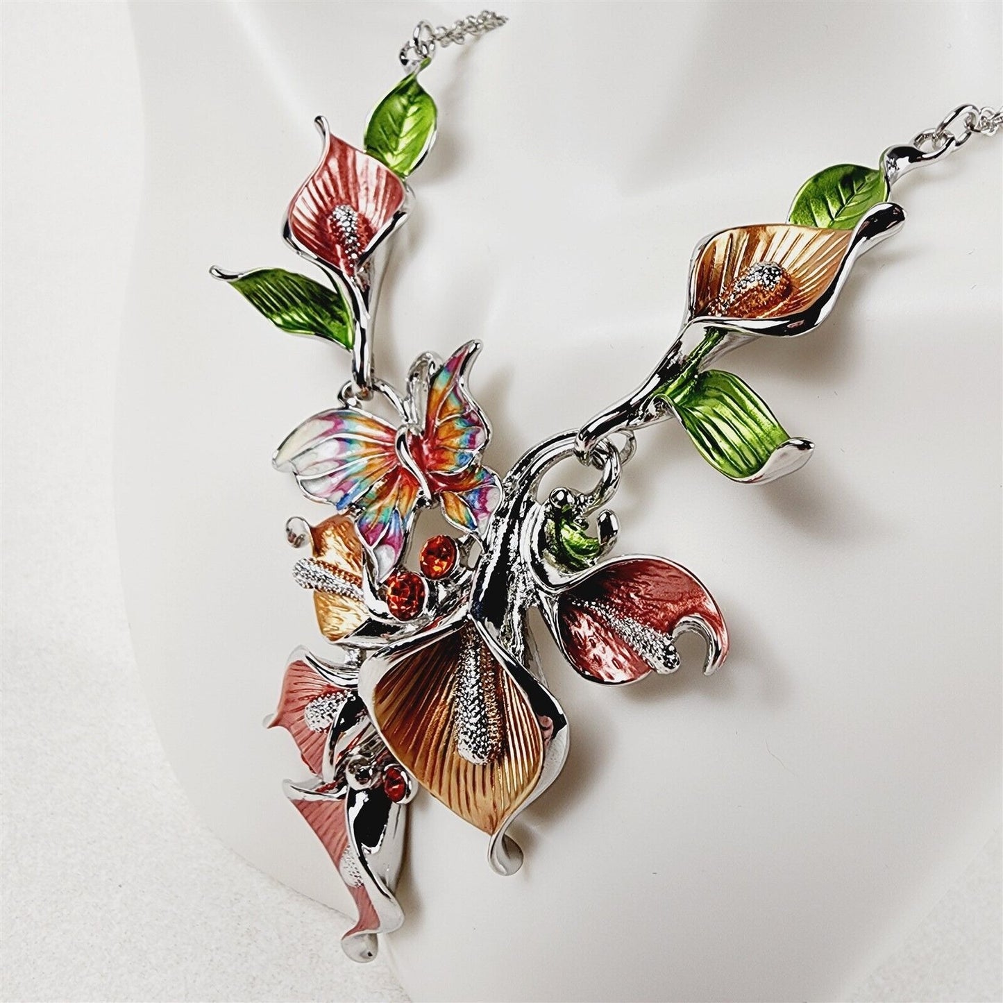 Pink Orange Enamel Floral Butterfly Necklace Earrings Fashion Jewelry Set