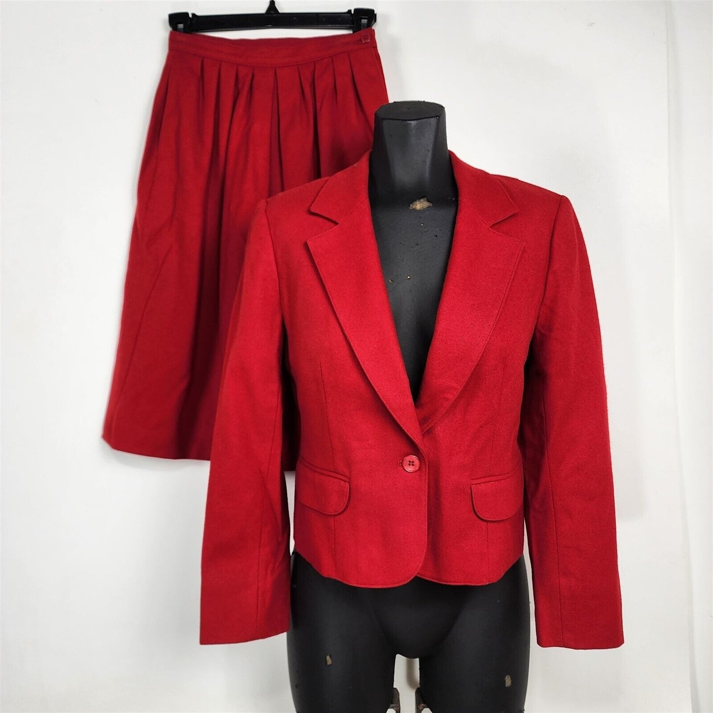 Vintage Solid Red Wool Skirt Suit Set Womens Size 4 Petite