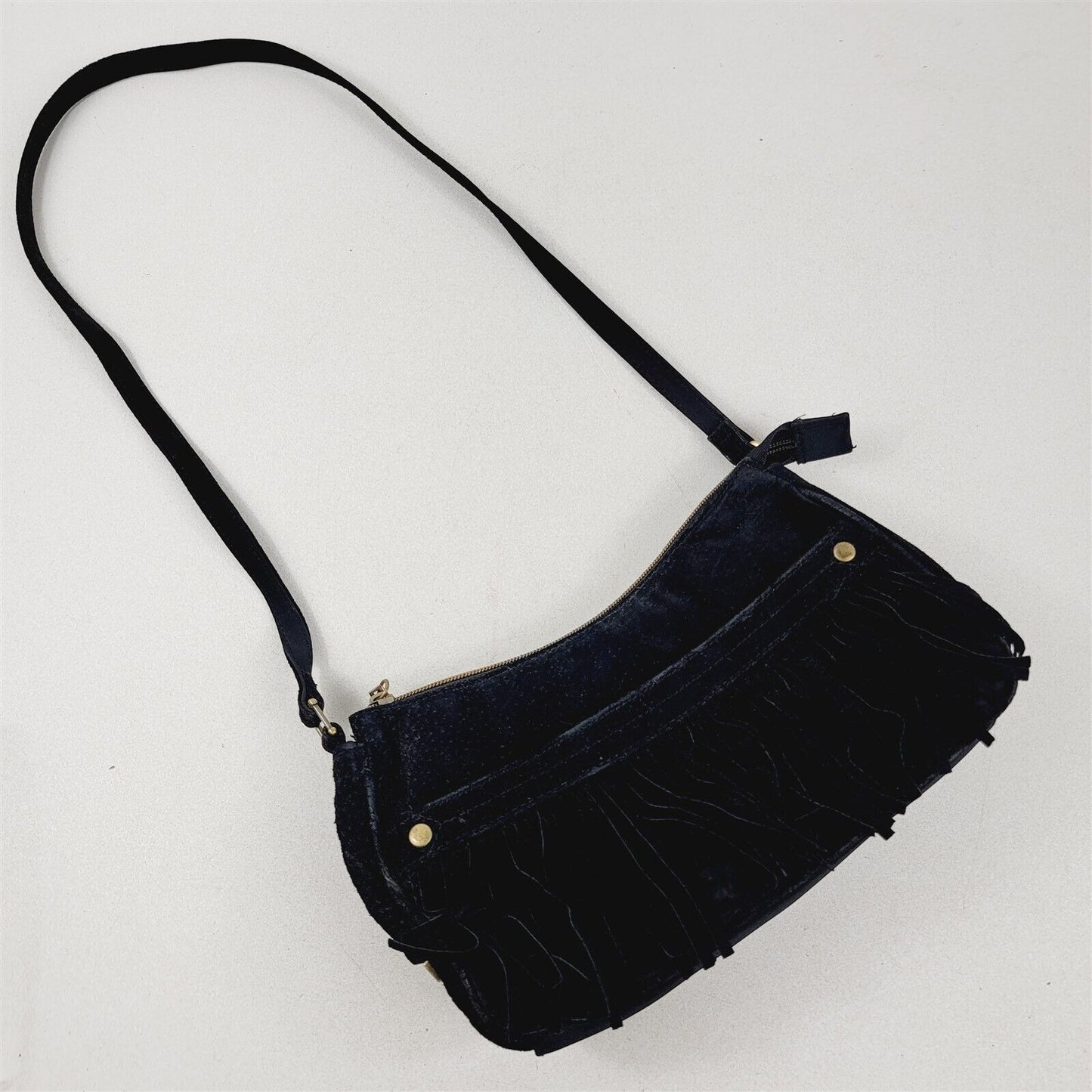 Vintage Frankie & Johnnie Black Leather Suded Purse Clutch Handbag Fringe Hippie