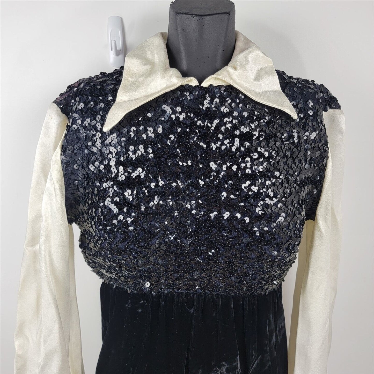 Vintage 1970s Long Velvet Sequin Gown Dress Long Sleeved & Collared