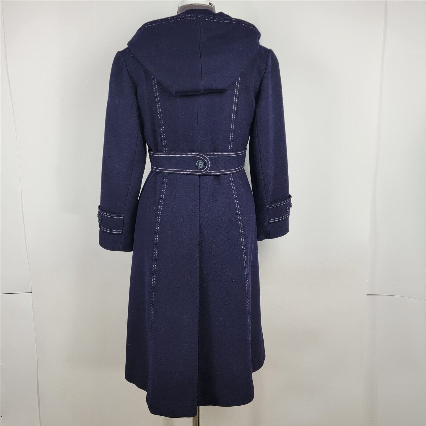 Vintage Bonders Navy Blue Long PeaCoat Double Breasted Hooded Jacket Womens M/L