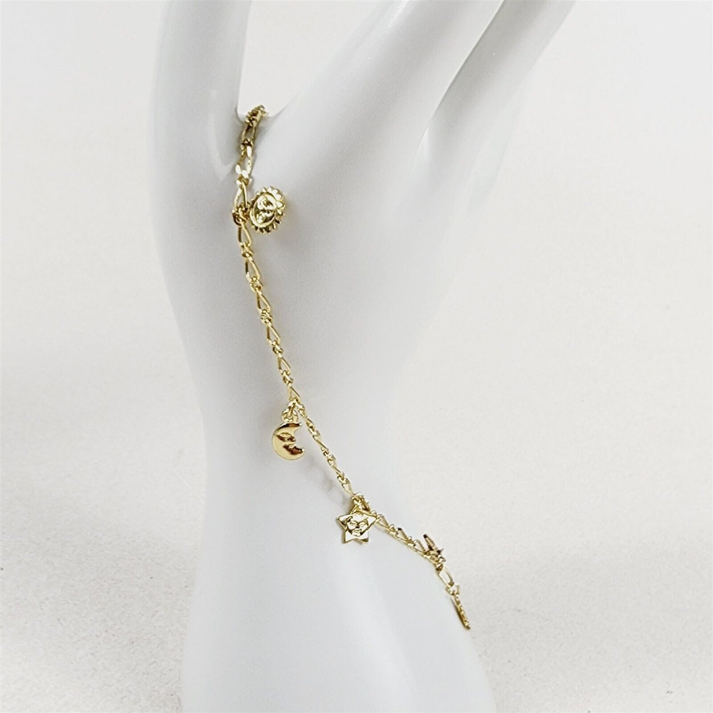 14K Gold Plated Charm Anklet Figaro Sun Moon Stars 2.5mm Chain - 11"