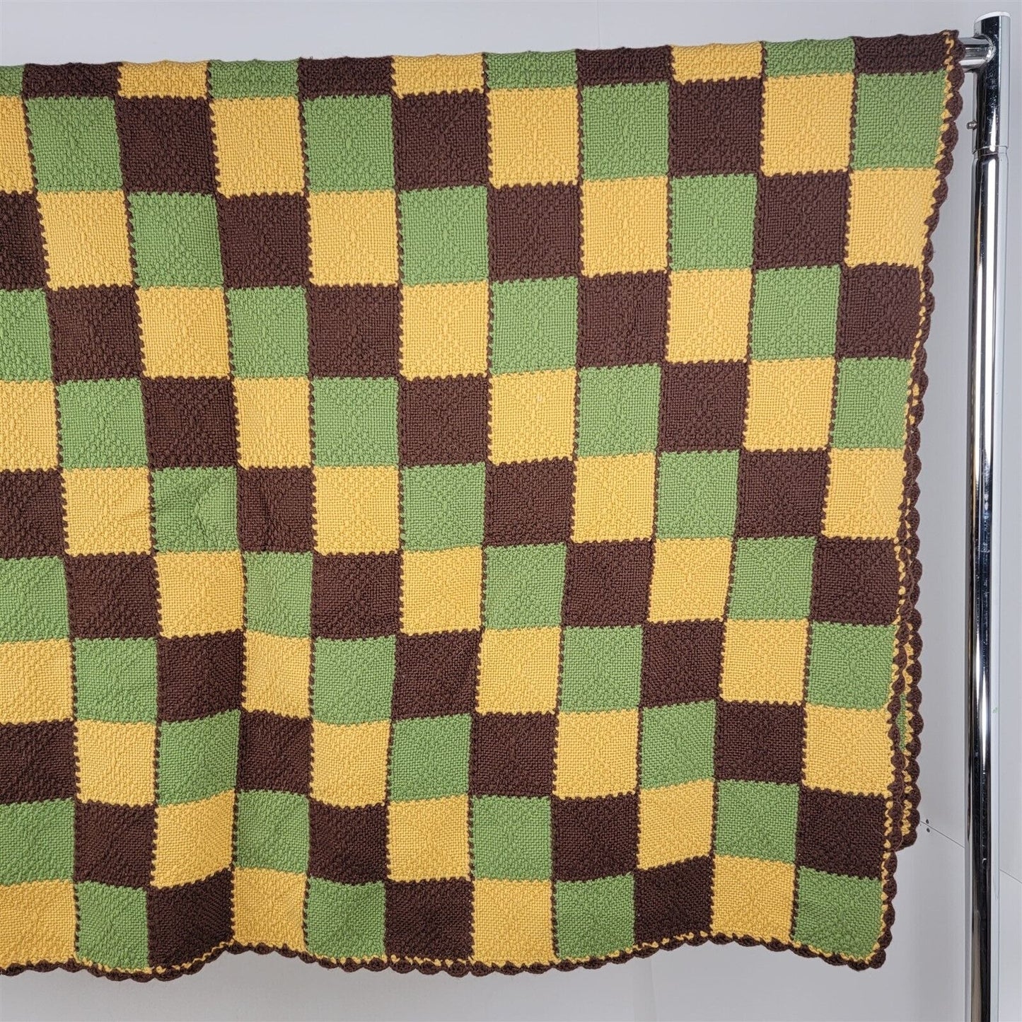 Vintage Crochet Knit Woven Lap Blanket Throw 70x56 Brown Yellow Green Retro