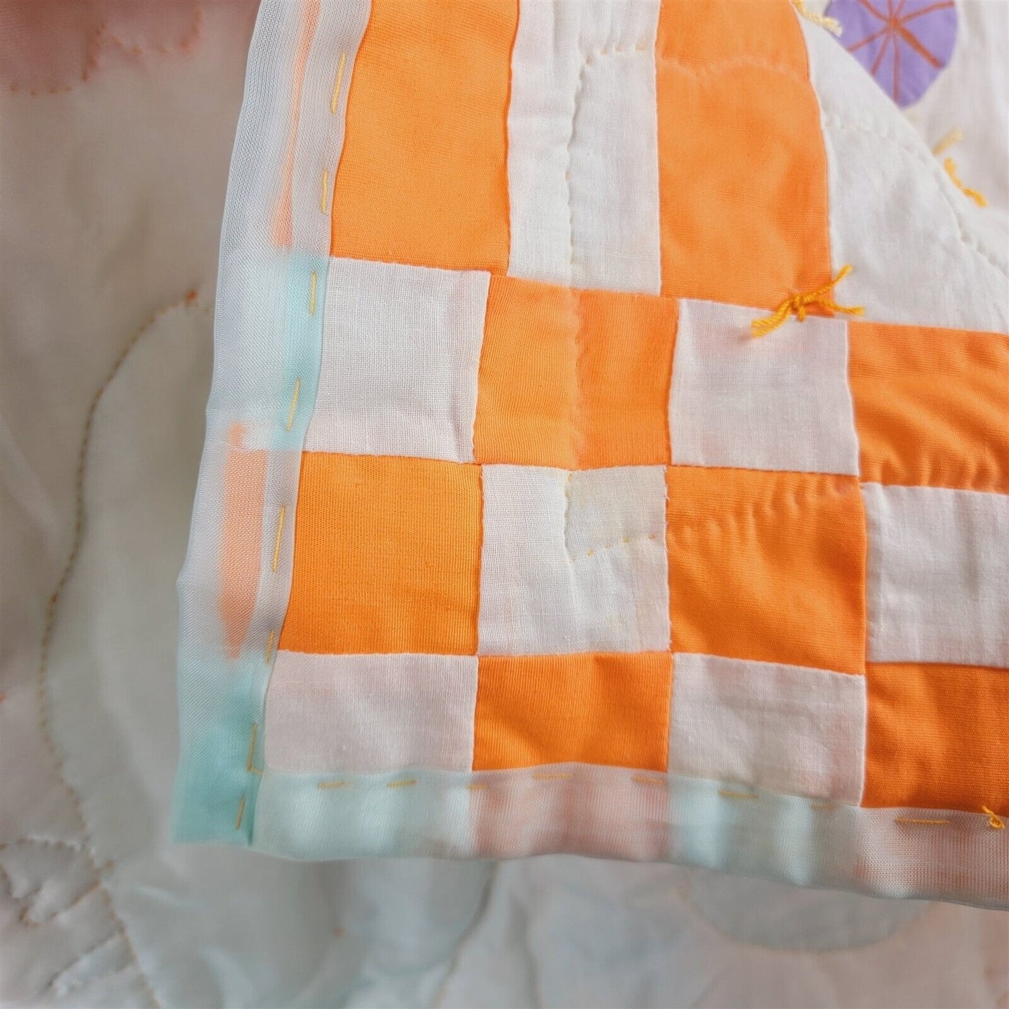 Vintage Hand Sewn Quilt Applique Umbrella Girl 90x70 Bright Orange