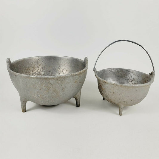 2 Small Aluminum Cauldrons 3 Footed Pots - Smallest Marked Eugene Ore