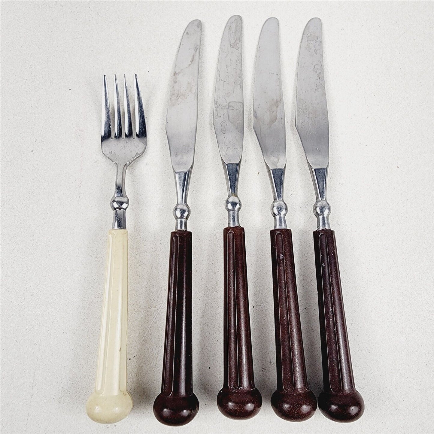5 Pieces Vintage Oxford Hall Flatware Brown Cream Knife Fork Plastic Handle