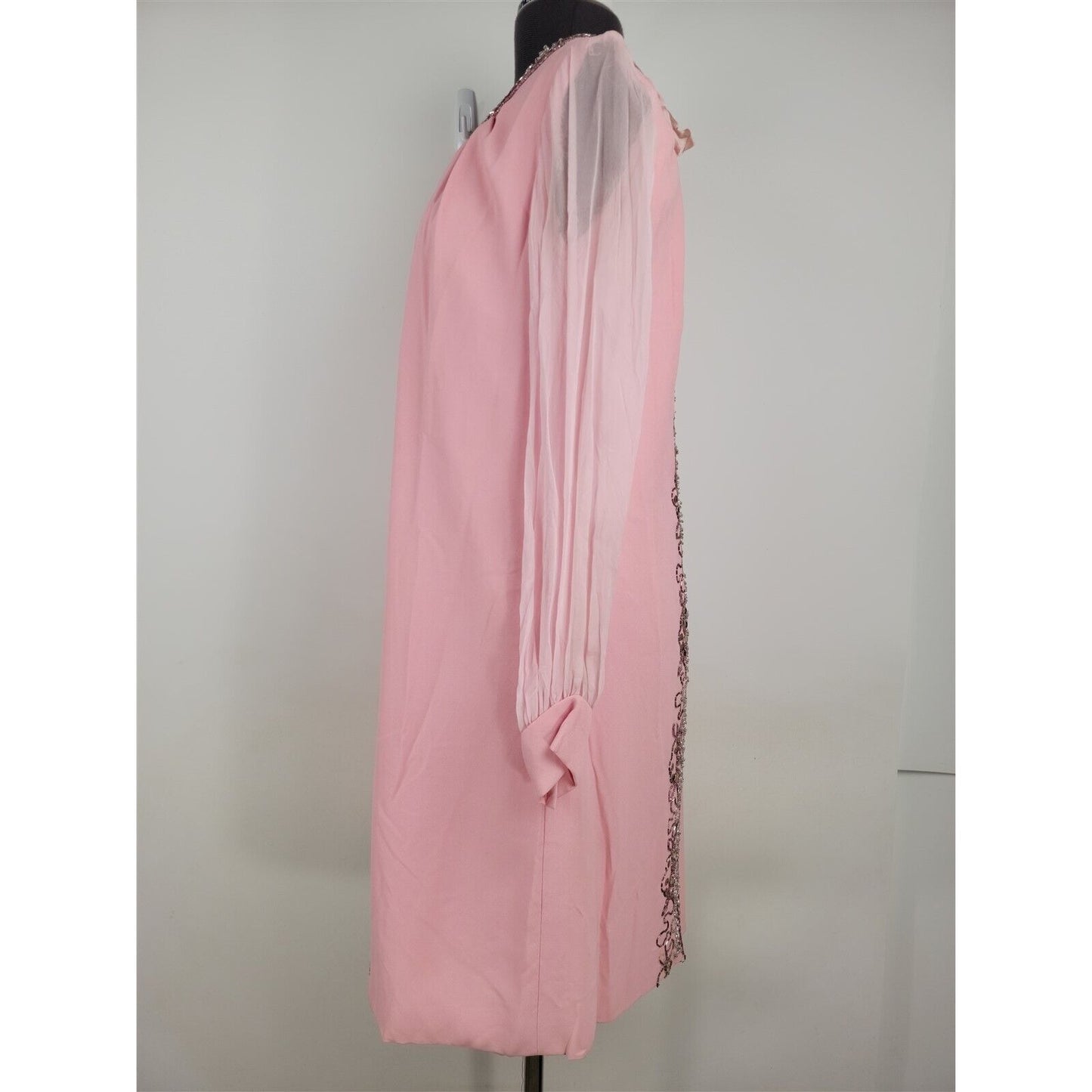 Vintage 1960s Pink Beaded Crepe Sheer Sleeve Dress Womens
