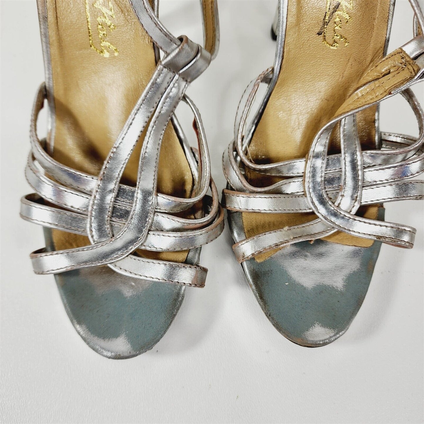 Vintage Chrome Silver Metallic Italy Strappy Heels Pumps Size 7.5